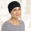 Front view #9661 Pleated Organic Bamboo Cap with Sunflower Shown in Black