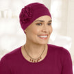 Side view #9661 Pleated Organic Bamboo Cap with Sunflower Shown in Burgundy