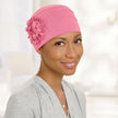 Front view #9661 Pleated Organic Bamboo Cap with Sunflower  Shown in Cashmere Pink