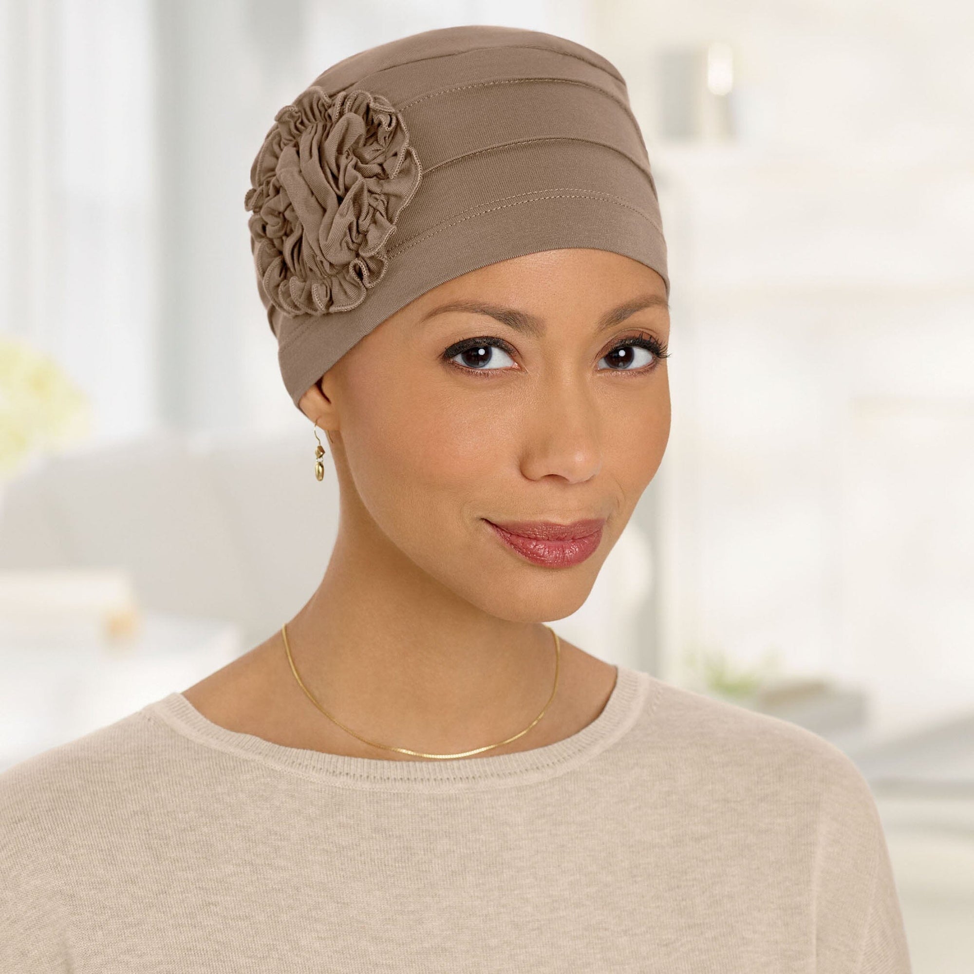 Front view #9661 Pleated Organic Bamboo Cap with Sunflower Shown in Coco Brown