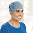 Side view #9661 Pleated Organic Bamboo Cap with Sunflower Shown in Dusty Blue