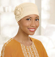 Front view #9661 Pleated Organic Bamboo Cap with Sunflower Shown in Ivory