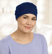 Front view #9661 Pleated Organic Bamboo Cap with Sunflower Shown in Navy Blue