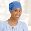 Front view #9661 Pleated Organic Bamboo Cap with Sunflower  Shown in Periwinkle Blue