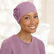 Front view #9661 Pleated Organic Bamboo Cap with Sunflower Shown in Rose Pink