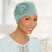 Side view #9661 Pleated Organic Bamboo Cap with Sunflower Shown in Sage Green
