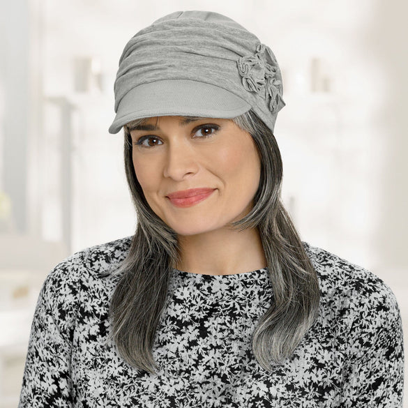 Front view #9674 Cotton Newsboy with Mini Rosettes Shown in Heather Gray with Shoulder Length Straight Halo Hairpiece (#8063) in (44) Salt and Pepper