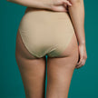 High Waist Brief with hook fasteners. Shown in beige, back view.