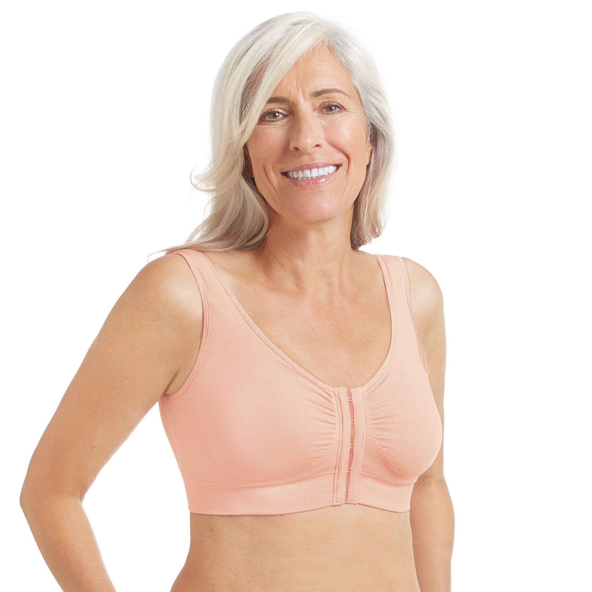 Front view # 9763 Amoena® Clara Wire-Free Front Closure Bra Shown in Rose Nude