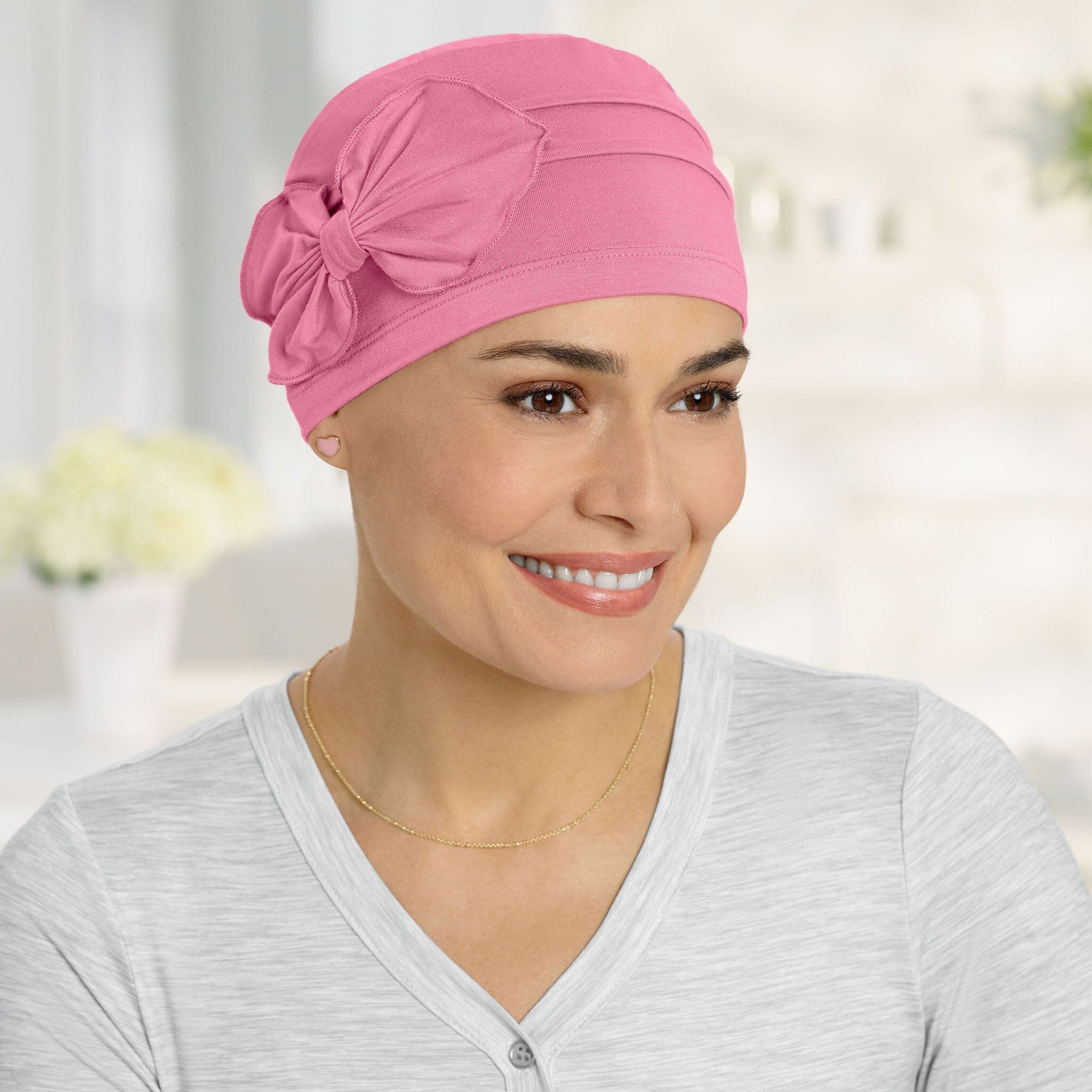 Front view #9790 Organic Bamboo Pleated Bow Cap Shown in Cashmere Pink