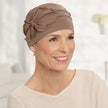 Front view #9790 Organic Bamboo Pleated Bow Cap Shown in Coco Brown