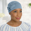 Front view #9790 Organic Bamboo Pleated Bow Cap Shown in Dusty Blue