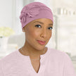 Front view #9790 Organic Bamboo Pleated Bow Cap Shown in Rose Pink