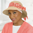 #9791 Flower Scarfband Shown in Coral with Packable Hat (#9511) and Stretchy 3” Wide Bamboo Knit Headband (#9267) in Ivory