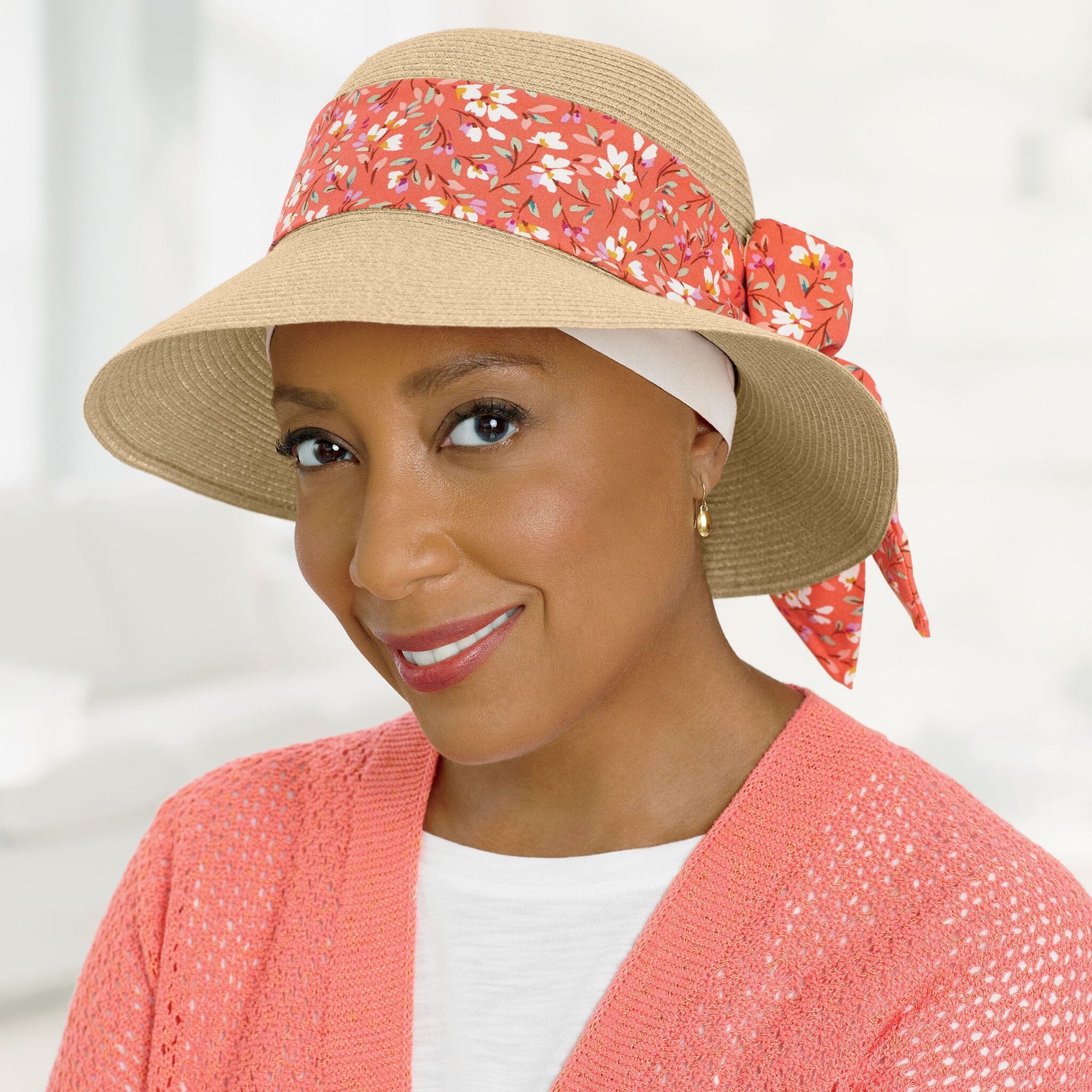 #9791 Flower Scarfband Shown in Coral with Packable Hat (#9511) and Stretchy 3” Wide Bamboo Knit Headband (#9267) in Ivory